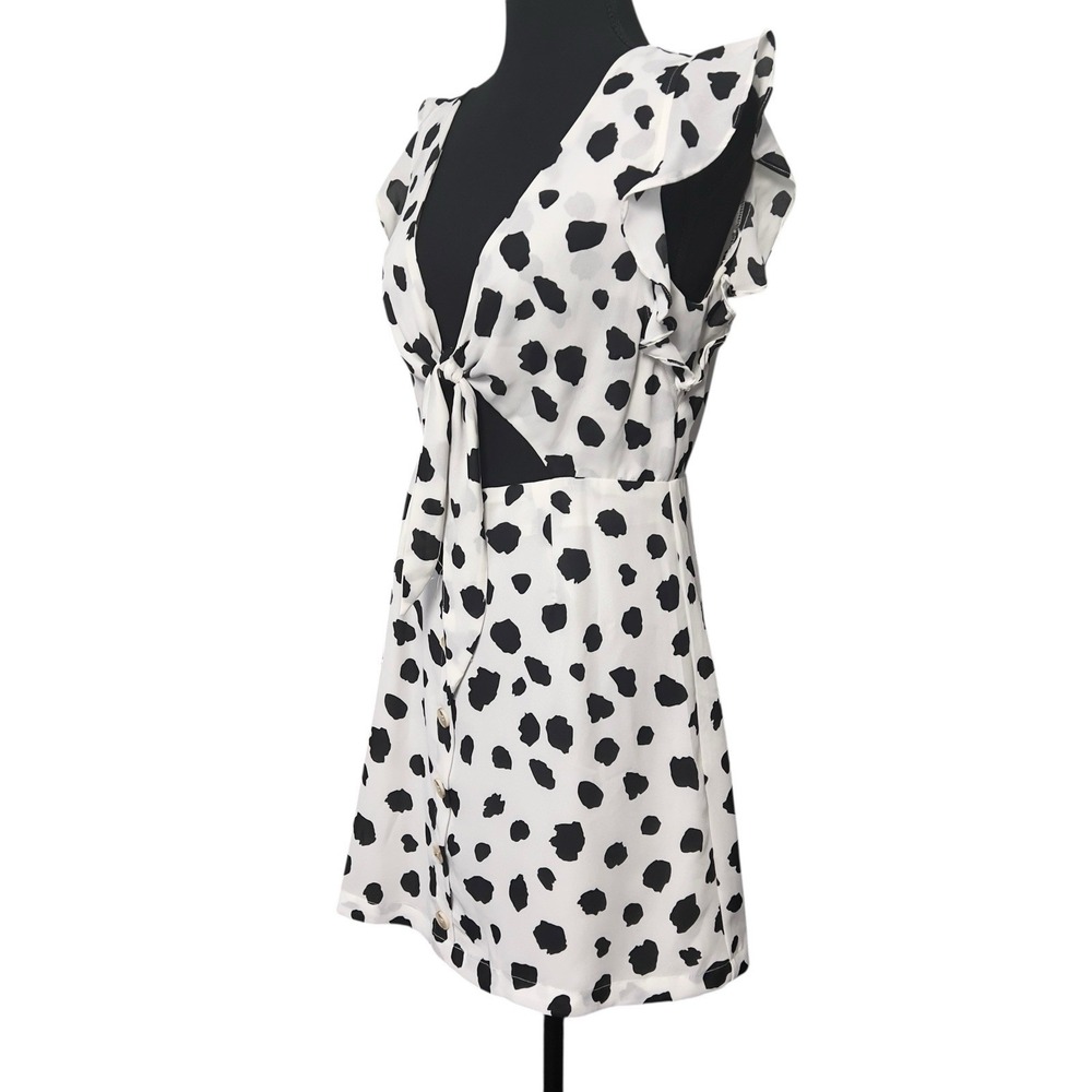 Buddy Love Twiggy Dalmatian Dress Jr.'s Medium Chiffon Black White Cut Out Front - Picture 2 of 9